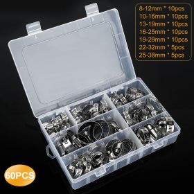 60Pcs Hose Clamp Set Stainless Steel Adjustable Worm Gear Assortment Pipe Tube Hose Clip Kit For Plumbing Automotive Mechanical - Silver